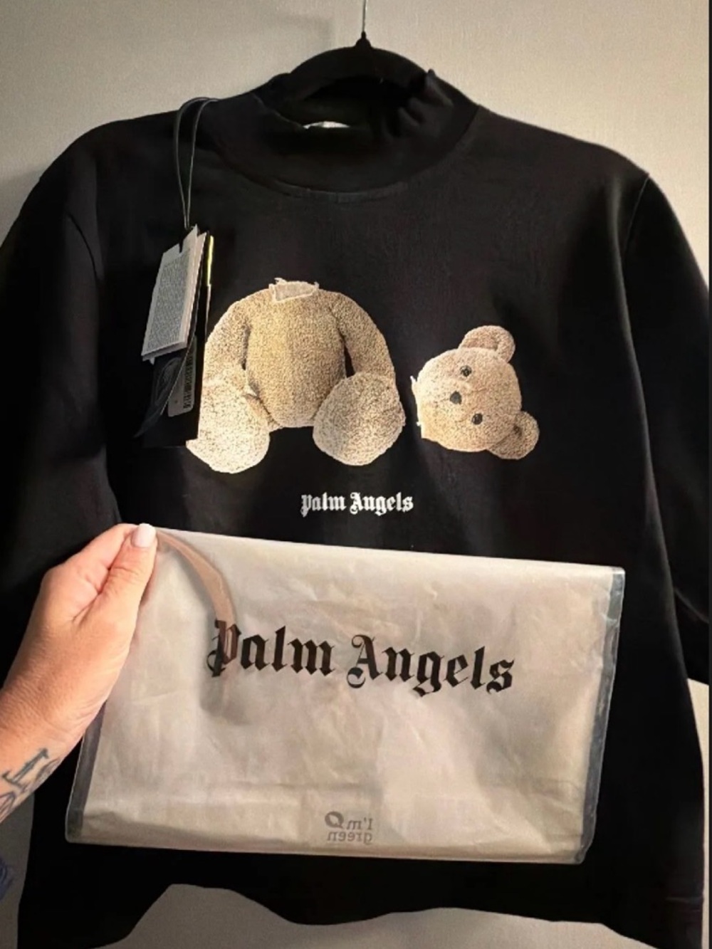 Palm Angels Black T-Shirt with Brown Bear Graphic